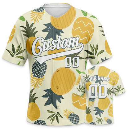 Custom Cream Gold-White 3D Pattern Design Pineapple Authentic Baseball Jersey