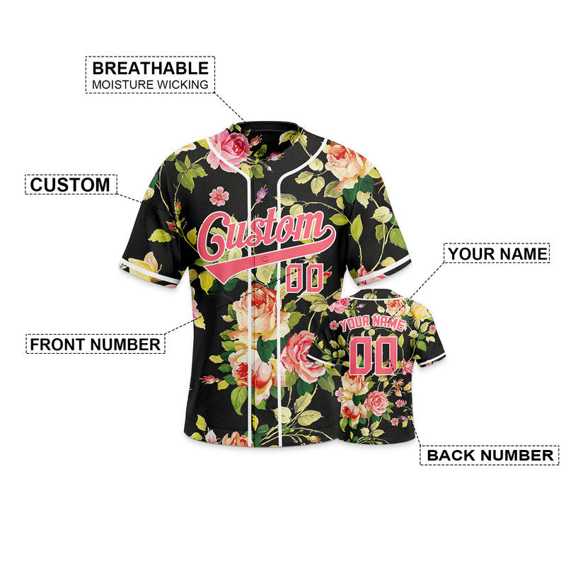Custom Black Green-Pink 3D Pattern Design Rose Authentic Baseball Jersey