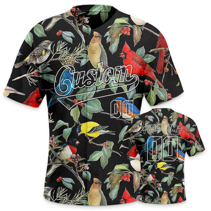 Custom Black Red-White 3D Pattern Design Bird And Peacock Authentic Baseball Jersey