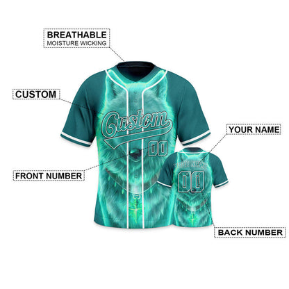 Custom Aqua White 3D Pattern Design Wolf And Peacock Authentic Baseball Jersey