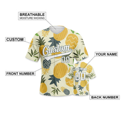 Custom Cream Gold-White 3D Pattern Design Pineapple Authentic Baseball Jersey