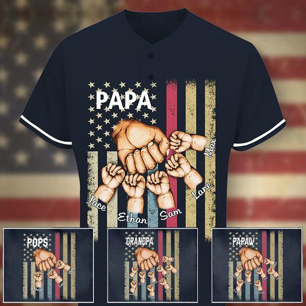 Papa Grandkids Hands Flag Custom Father's Day Gift Baseball Jersey Navy - Fans4Shop